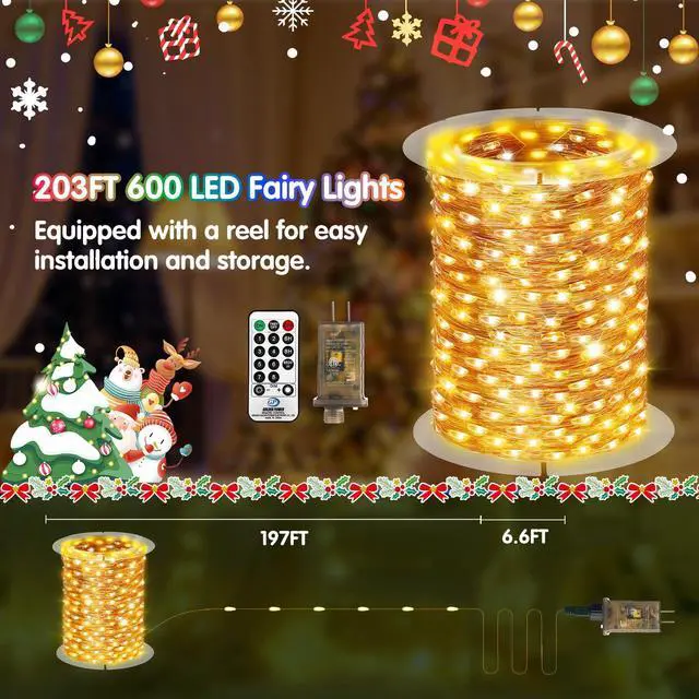 Alt view image 5 of 7 - 532FT 1600LED Outdoor Fairy Lights Plug in Warm White Xmas Decor Timer, Memory, Dimmable, Remote, Waterproof, Copper Wire, Flexible, for Garden, Wedding, Party, Indoor/Outdoor, Christmas