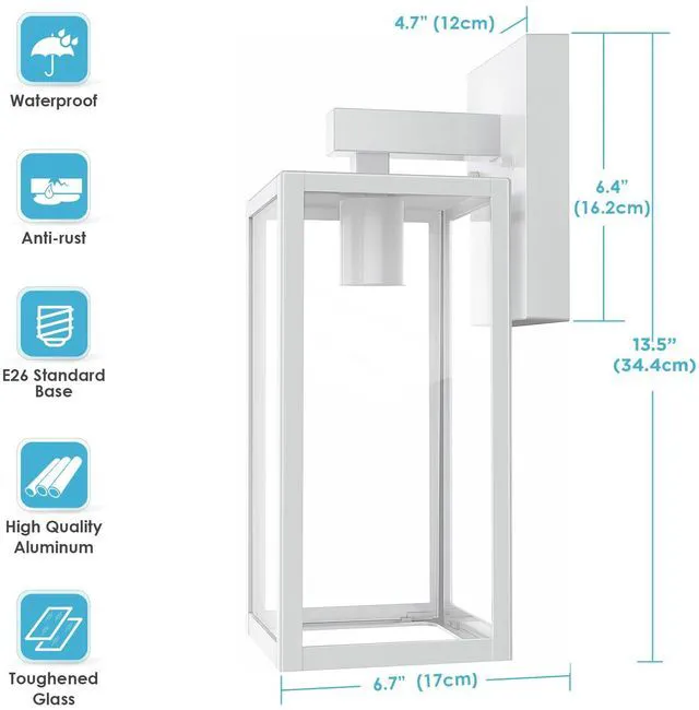 Alt view image 2 of 7 - Outdoor Wall Light Fixtures, Exterior Waterproof Wall Lanterns Large White Porch Wall Lights, Anti-Rust, E26 Socket, Clear Glass Outside Wall Mount Sconces, Front Door Lighting, 2 Pack