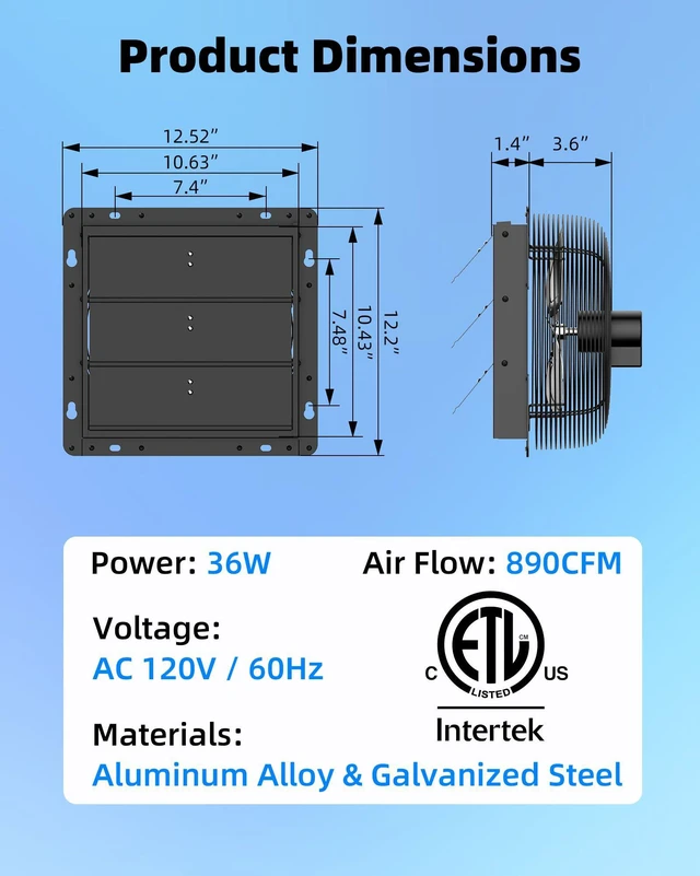 Alt view image 7 of 7 - 10'' Upgraded Shutter Exhaust Fan with Thermostat & Remote Control Automatic On/Off by Temperature, 890 CFM Wall Mounted Garage Fan for Attic, Greenhouses, Sheds, Chicken Coops & Shops
