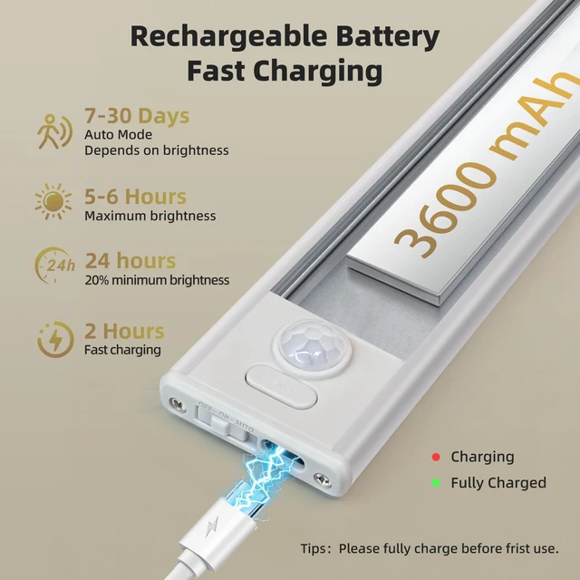 Alt view image 7 of 7 - 16 inch Dimmable Under Cabinet Lighting, 68 LED Rechargeable Battery Motion Sensor Light Indoor, Stick On Magnetic Closet Lights, Under Counter Lights for Kitchen, Stairs, White Light 5 Pack