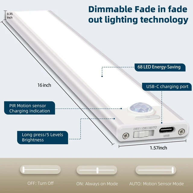 Alt view image 4 of 7 - 16 inch Dimmable Under Cabinet Lighting, 68 LED Rechargeable Battery Motion Sensor Light Indoor, Stick On Magnetic Closet Lights, Under Counter Lights for Kitchen, Stairs, White Light 5 Pack