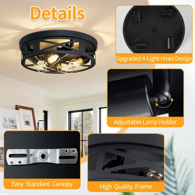 Alt view image 4 of 6 - Flush Mount 4-Light Ceiling Light Fixture for Hallway, Kitchen, Entryway - Black, E26 Base (2 Pack)