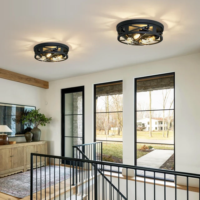 Alt view image 6 of 6 - Flush Mount 4-Light Ceiling Light Fixture for Hallway, Kitchen, Entryway - Black, E26 Base (2 Pack)