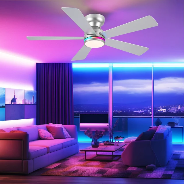 Alt view image 2 of 7 - RGB Ceiling Fans with Lights, 46" Flush Mount Ceiling Fan with Remote APP, RGB+3CCT Dimmable Led Light, Reversible 6 Wind Speeds&2H Timer, Low Profile Modern Fan Light Fixture for Bedroom Party Silver