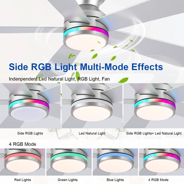 Alt view image 3 of 7 - RGB Ceiling Fans with Lights, 46" Flush Mount Ceiling Fan with Remote APP, RGB+3CCT Dimmable Led Light, Reversible 6 Wind Speeds&2H Timer, Low Profile Modern Fan Light Fixture for Bedroom Party Silver