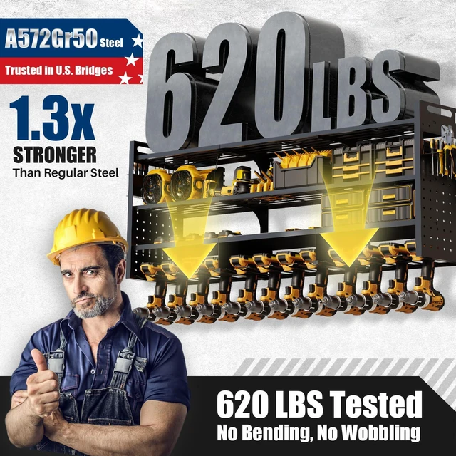 Alt view image 2 of 7 - Large 49'' Wide Power Tool Organizer Wall Mount, 4-Tier 620lbs Garage Storage Rack | 12 Cordless Drill Holder | 15% More Vertical Space | Holds 30+ Tools for Garage Workshop