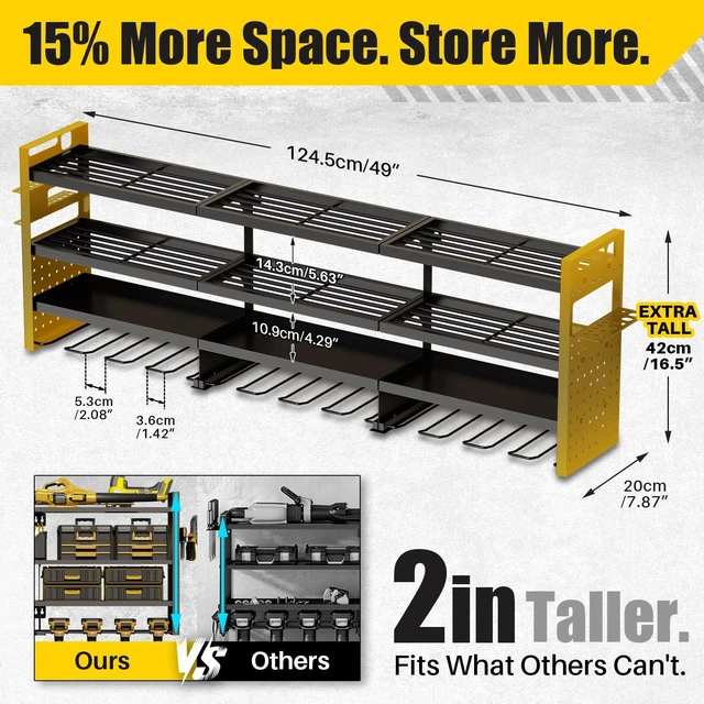 Alt view image 3 of 7 - Large 49'' Wide Power Tool Organizer Wall Mount, 4-Tier 620lbs Garage Storage Rack | 12 Cordless Drill Holder | 15% More Vertical Space | Holds 30+ Tools for Garage Workshop