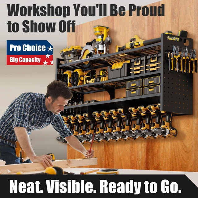 Alt view image 6 of 7 - Large 49'' Wide Power Tool Organizer Wall Mount, 4-Tier 620lbs Garage Storage Rack | 12 Cordless Drill Holder | 15% More Vertical Space | Holds 30+ Tools for Garage Workshop