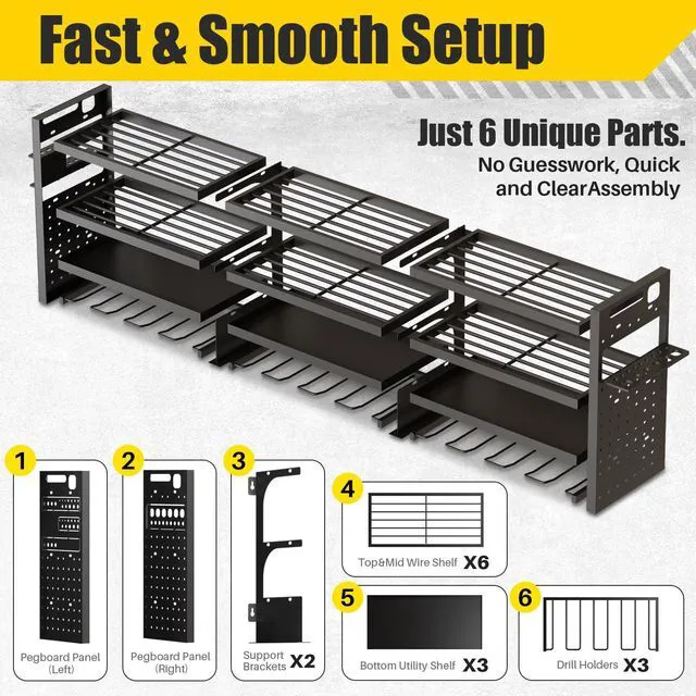 Alt view image 7 of 7 - Large 49'' Wide Power Tool Organizer Wall Mount, 4-Tier 620lbs Garage Storage Rack | 12 Cordless Drill Holder | 15% More Vertical Space | Holds 30+ Tools for Garage Workshop