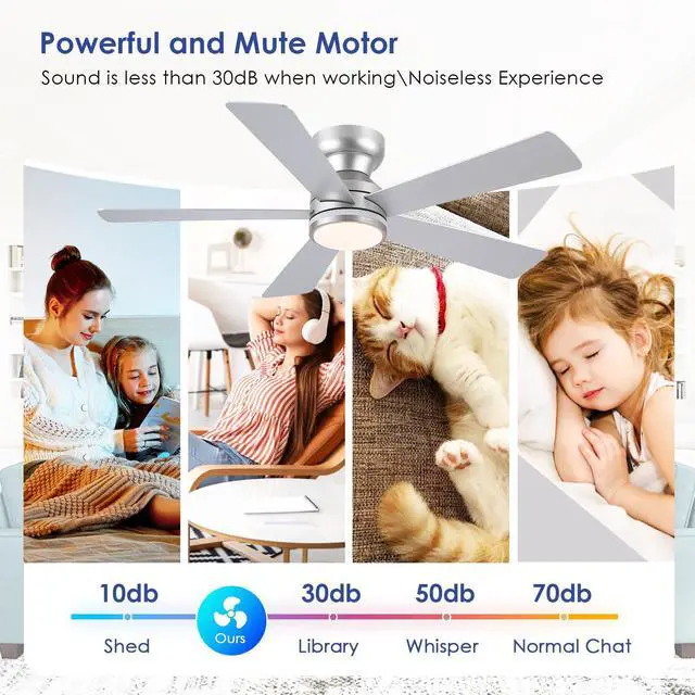 Alt view image 6 of 7 - RGB Ceiling Fans with Lights, 46" Flush Mount Ceiling Fan with Remote APP, RGB+3CCT Dimmable Led Light, Reversible 6 Wind Speeds&2H Timer, Low Profile Modern Fan Light Fixture for Bedroom Party Silver