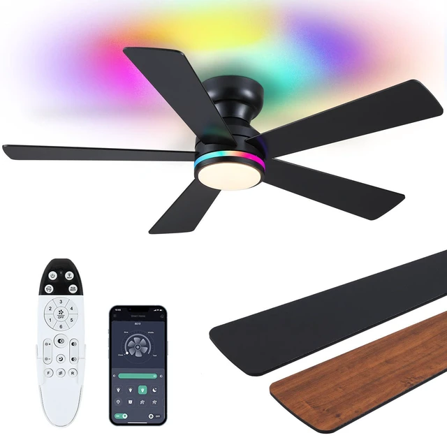Main image of Brown RGB Ceiling Fans with Lights - 46" Flush Mount Ceiling Fan with Remote APP, RGB+3CCT Dimmable Led Light, Reversible 6 Wind Speeds&2H Timer, Low Profile Modern Fan Light Fixture for Bedroom Party