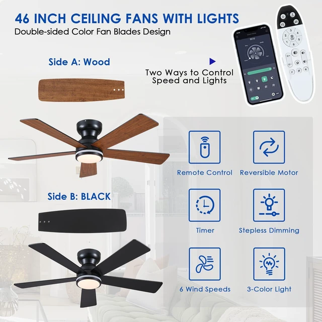 Alt view image 2 of 7 - Brown RGB Ceiling Fans with Lights - 46" Flush Mount Ceiling Fan with Remote APP, RGB+3CCT Dimmable Led Light, Reversible 6 Wind Speeds&2H Timer, Low Profile Modern Fan Light Fixture for Bedroom Party