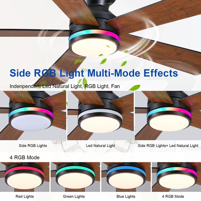 Alt view image 3 of 7 - Brown RGB Ceiling Fans with Lights - 46" Flush Mount Ceiling Fan with Remote APP, RGB+3CCT Dimmable Led Light, Reversible 6 Wind Speeds&2H Timer, Low Profile Modern Fan Light Fixture for Bedroom Party