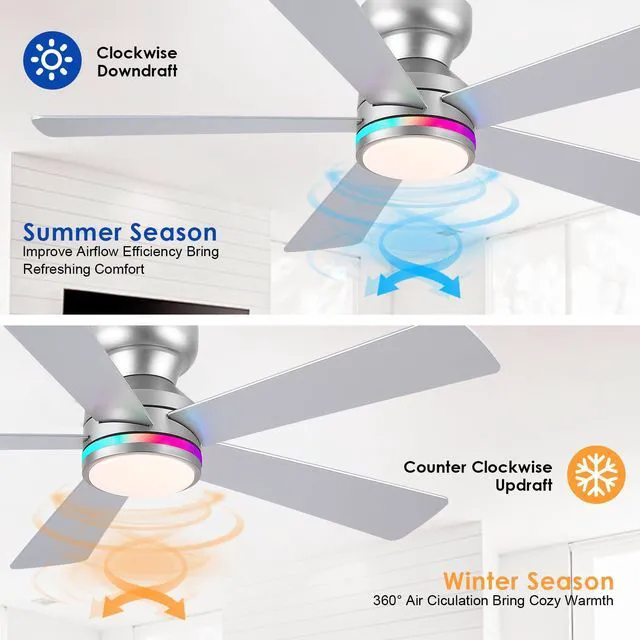 Alt view image 5 of 7 - RGB Ceiling Fans with Lights, 46" Flush Mount Ceiling Fan with Remote APP, RGB+3CCT Dimmable Led Light, Reversible 6 Wind Speeds&2H Timer, Low Profile Modern Fan Light Fixture for Bedroom Party Silver