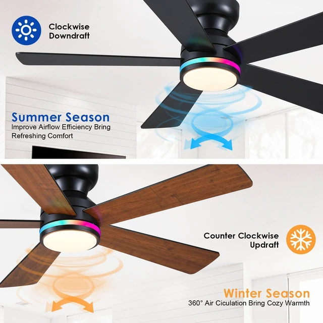 Alt view image 5 of 7 - Brown RGB Ceiling Fans with Lights - 46" Flush Mount Ceiling Fan with Remote APP, RGB+3CCT Dimmable Led Light, Reversible 6 Wind Speeds&2H Timer, Low Profile Modern Fan Light Fixture for Bedroom Party