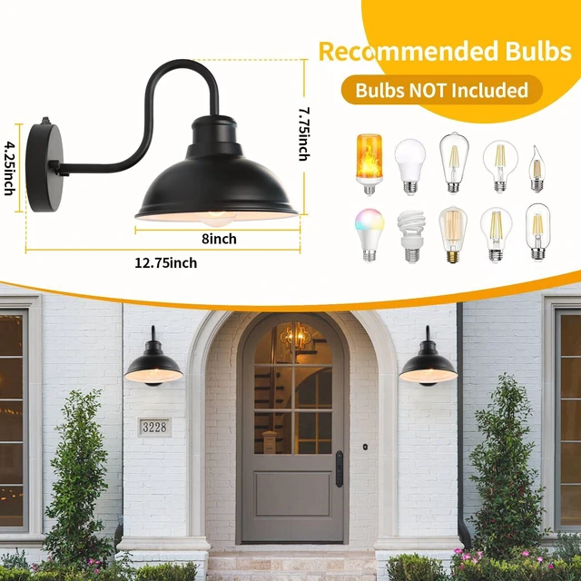 Alt view image 2 of 7 - Dusk to Dawn Barn Light Outdoor Sconce 8" Exterior Lighting Fixtures 2 Pack Anti-Rust Waterproof Farmhouse Industrial Vintage Matte Black Wall-Mount for Porch/Garage/Patio Yard ETL Listed