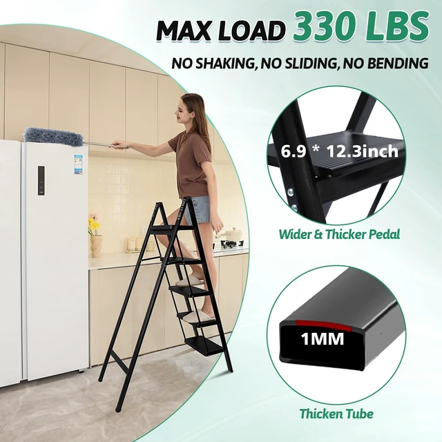 Alt view image 2 of 7 - 5-Step Folding Ladder for Home Use, Heavy-Duty Step Ladder with Anti-Slip Wide Steps, Portable Foldable Ladder, 330 lbs Load Capacity