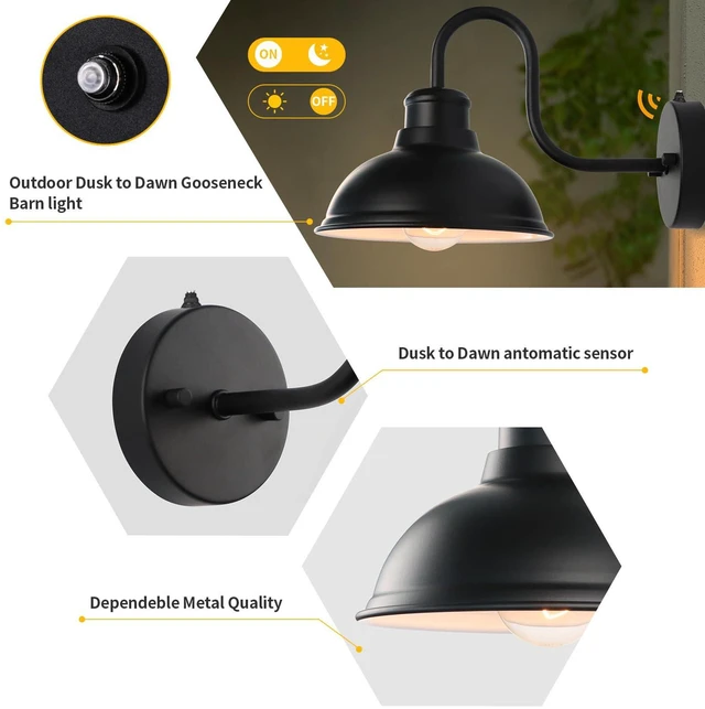 Alt view image 4 of 7 - Dusk to Dawn Barn Light Outdoor Sconce 8" Exterior Lighting Fixtures 2 Pack Anti-Rust Waterproof Farmhouse Industrial Vintage Matte Black Wall-Mount for Porch/Garage/Patio Yard ETL Listed