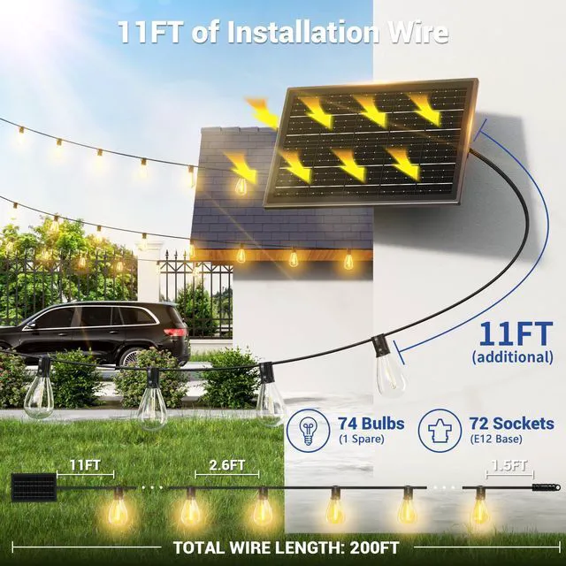 Alt view image 6 of 7 - 200FT Solar String Lights Outdoor Waterproof, 72+2 LED Solar Powered Lights with Remote Control, 3 Light Modes & Dimmable, USB-C Charging for Patio, Backyard, Garden, Camping