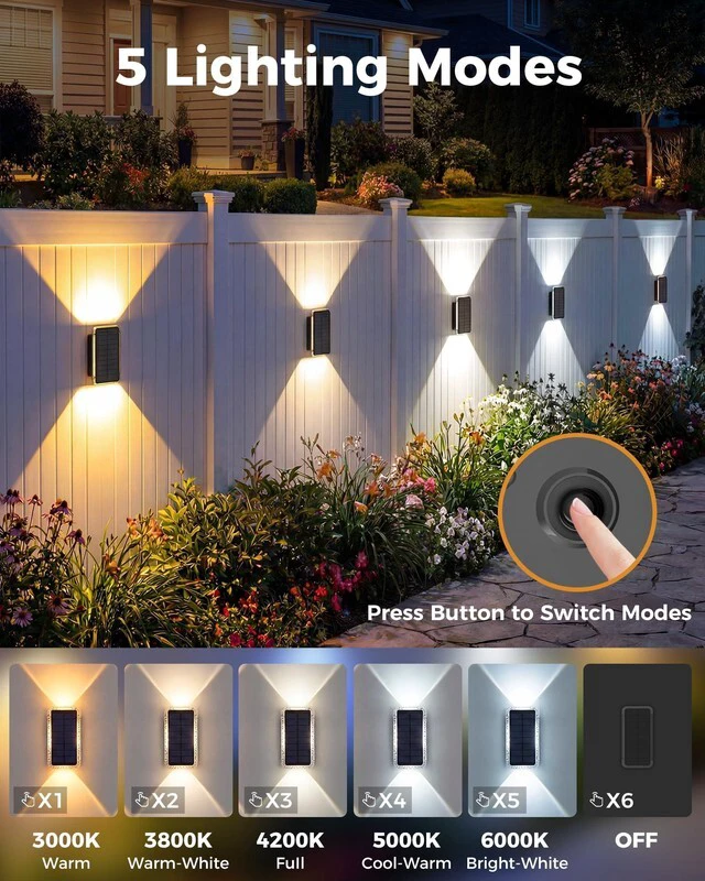 Alt view image 3 of 7 - Solar Fence Lights Outdoor 8 Pack, 5CCT(3000K-6000K) Up and Down Solar Wall Lights, IP65 Waterproof Dusk to Dawn Fence Lights Solar Powered for Patio, Porch, Backyard, Garage, Wall Decor