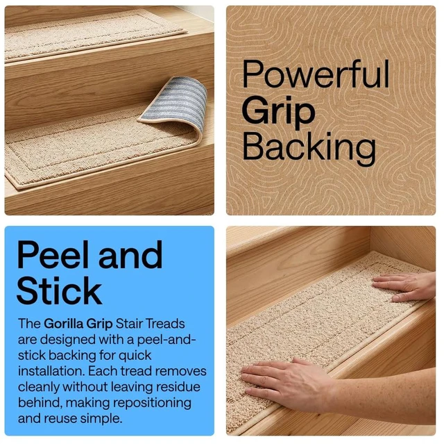 Alt view image 4 of 7 - Peel and Stick Stair Treads, 8x28 Inches, 12 Pack, Beige Multi-Surface Use Machine Washable Carpet Runners for Wooden Steps, Indoor Rugs for Stairs, Pet Friendly, Universal Size