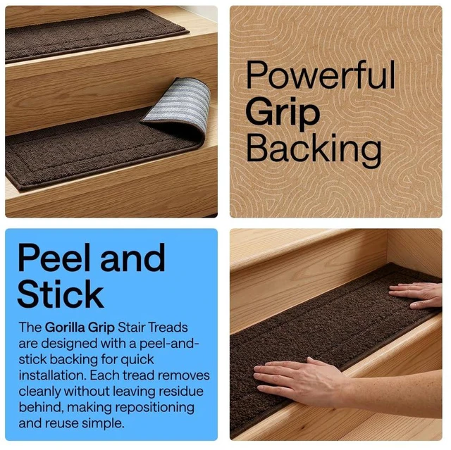 Alt view image 4 of 7 - Peel and Stick Stair Treads, 8x28 Inches, 12 Pack, Brown Multi-Surface Use Machine Washable Carpet Runners for Wooden Steps, Indoor Rugs for Stairs, Pet Friendly, Universal Size