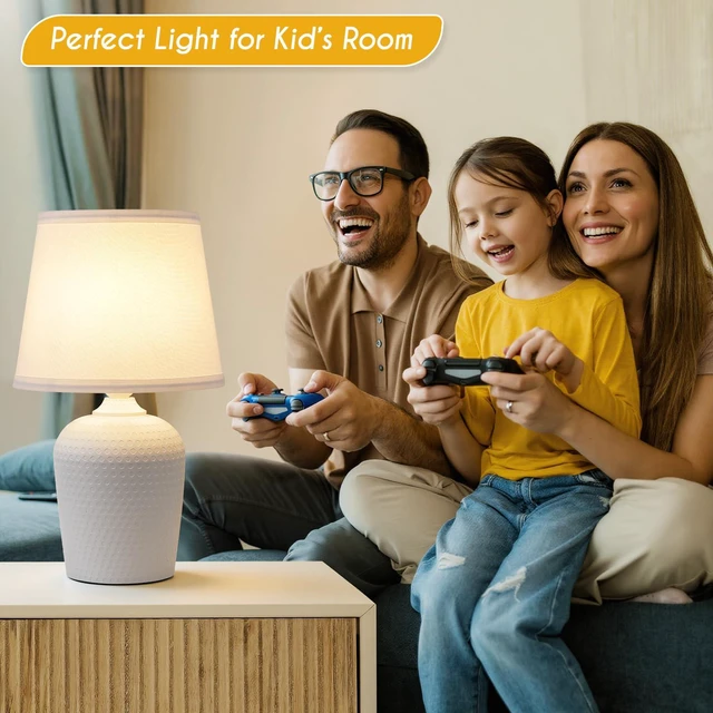Alt view image 7 of 7 - 16 Table Lamps Set of 2 for Bedroom, Bedside Nightstand Lamp White Cute & Unique, Fabric Shade, Perfect for Desk Living Room Side Table Reading Nursery