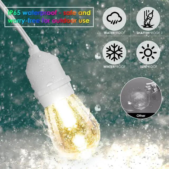 Alt view image 3 of 7 - Multicolor 96FT(2x48FT) LED Patio String Lights with Remote, White Plug in, 8 Lighting Modes, 30+5 S14 RGB Edison Bulbs, Dimmable, Shatterproof, Waterproof, Connectable, for Engagement Wedding