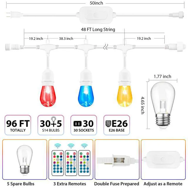 Alt view image 4 of 7 - Multicolor 96FT(2x48FT) LED Patio String Lights with Remote, White Plug in, 8 Lighting Modes, 30+5 S14 RGB Edison Bulbs, Dimmable, Shatterproof, Waterproof, Connectable, for Engagement Wedding