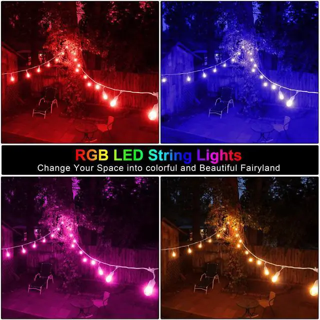 Alt view image 6 of 7 - Multicolor 96FT(2x48FT) LED Patio String Lights with Remote, White Plug in, 8 Lighting Modes, 30+5 S14 RGB Edison Bulbs, Dimmable, Shatterproof, Waterproof, Connectable, for Engagement Wedding