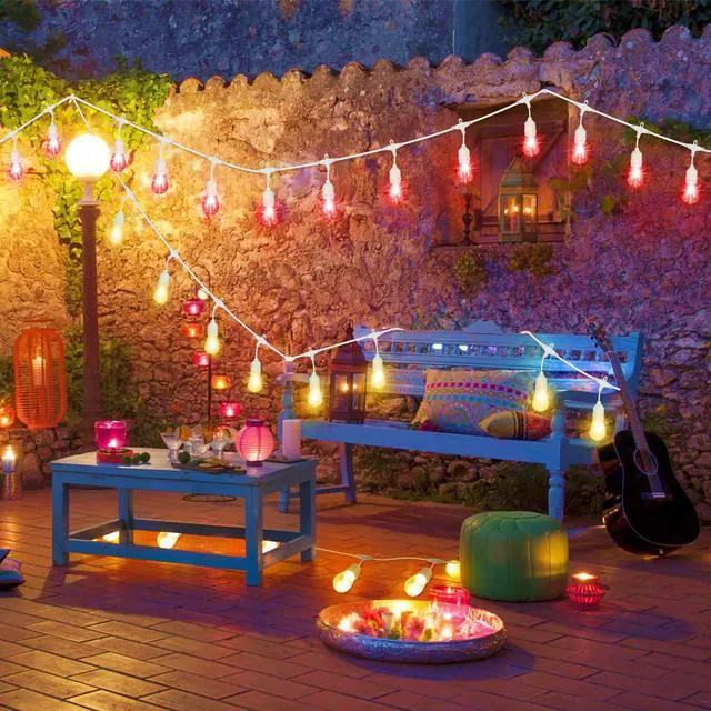 Alt view image 7 of 7 - Multicolor 96FT(2x48FT) LED Patio String Lights with Remote, White Plug in, 8 Lighting Modes, 30+5 S14 RGB Edison Bulbs, Dimmable, Shatterproof, Waterproof, Connectable, for Engagement Wedding