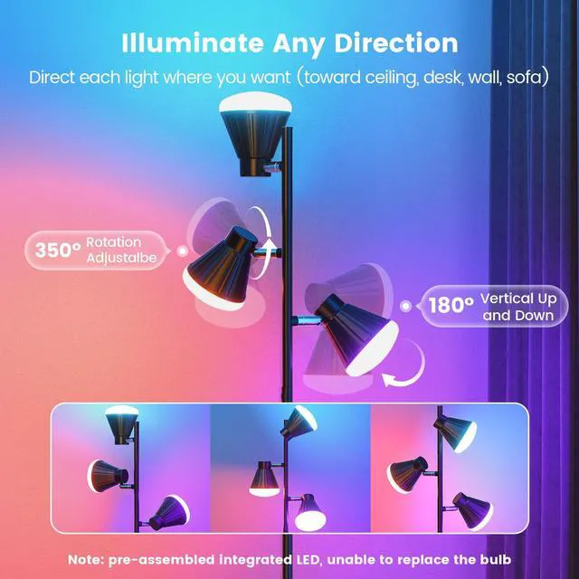 Alt view image 3 of 7 - 36W LED Tree Floor Lamp with Remote for Living Room Bedroom Modern Dimmable Tall Standing Lamp with 4 Color Temperatures, 3 Rotatable Light Bright RGB FLoor Lamp for Home Office
