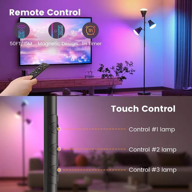 Alt view image 4 of 7 - 36W LED Tree Floor Lamp with Remote for Living Room Bedroom Modern Dimmable Tall Standing Lamp with 4 Color Temperatures, 3 Rotatable Light Bright RGB FLoor Lamp for Home Office