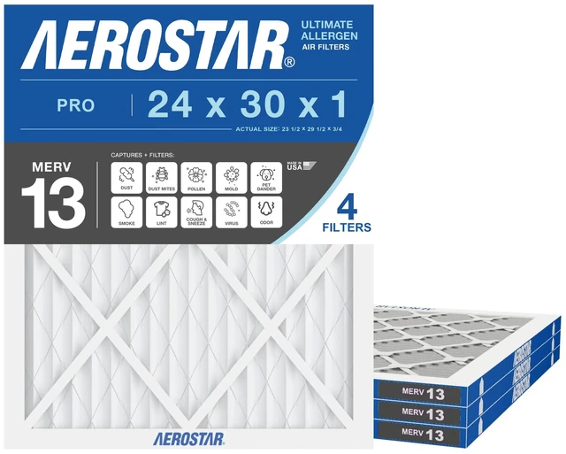 Main image of Air Filter 24x30x1 MERV 13 AC Filter, HVAC, Furnace Filter, 4 Pack ACTUAL SIZE (23.50 x 23.75 x 1.75) AC Filter, Furnace Filter, Allergies, Dust, Pet Dander & Smoke MERV 13 (MPR 1500 / FPR 10)