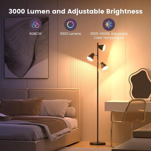 Alt view image 6 of 7 - 36W LED Tree Floor Lamp with Remote for Living Room Bedroom Modern Dimmable Tall Standing Lamp with 4 Color Temperatures, 3 Rotatable Light Bright RGB FLoor Lamp for Home Office