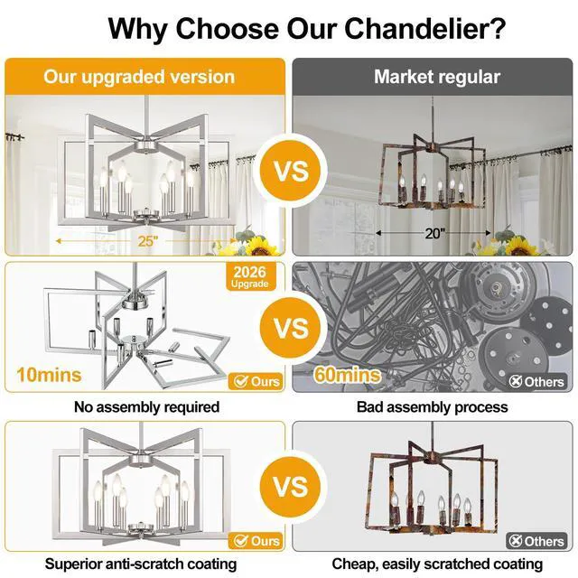 Alt view image 2 of 7 - 25"-61" Height Adjustable Modern Chrome Chandelier for Dining Room, No Assembly Required Chrome Dining Room Light Fixture Over Table, Industrial Metal Pendant Lights Fixture for Kitchen Island