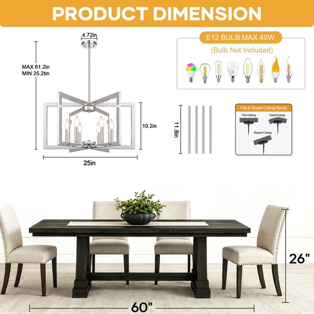 Alt view image 5 of 7 - 25"-61" Height Adjustable Modern Chrome Chandelier for Dining Room, No Assembly Required Chrome Dining Room Light Fixture Over Table, Industrial Metal Pendant Lights Fixture for Kitchen Island