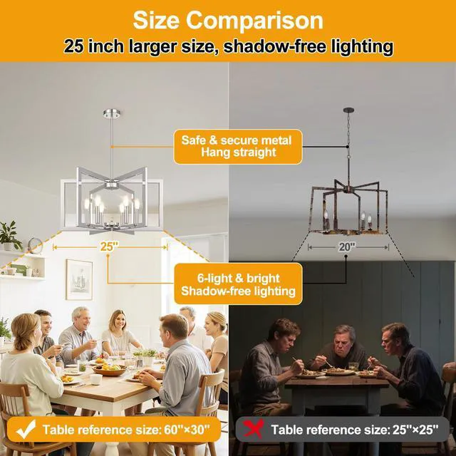 Alt view image 6 of 7 - 25"-61" Height Adjustable Modern Chrome Chandelier for Dining Room, No Assembly Required Chrome Dining Room Light Fixture Over Table, Industrial Metal Pendant Lights Fixture for Kitchen Island