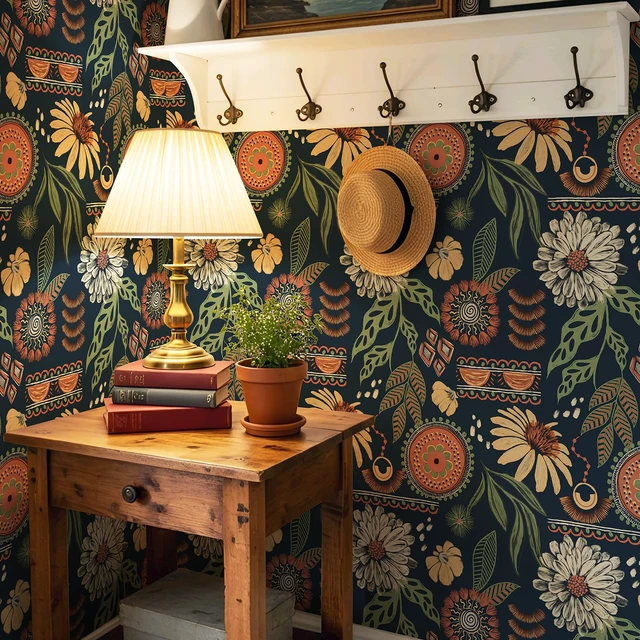 Alt view image 4 of 7 - Boho Sun Floral Retro Peel and Stick Wallpaper 17.3" x 1200" Removable Waterproof Self Adhesive Contact Paper Renter Friendly for Cabinets, Furniture, Bedroom, Bathroom, DIY Decor