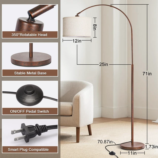 Alt view image 2 of 6 - Floor Lamp for Living Room, Vintage Arc Floor Lamp with Adjustable Lamp Head, Tall Pole Lamp with On/Off Pedal Switch, Over Couch Arched Reading Light for Bedroom, Office, Study Room (Antique Bronze)