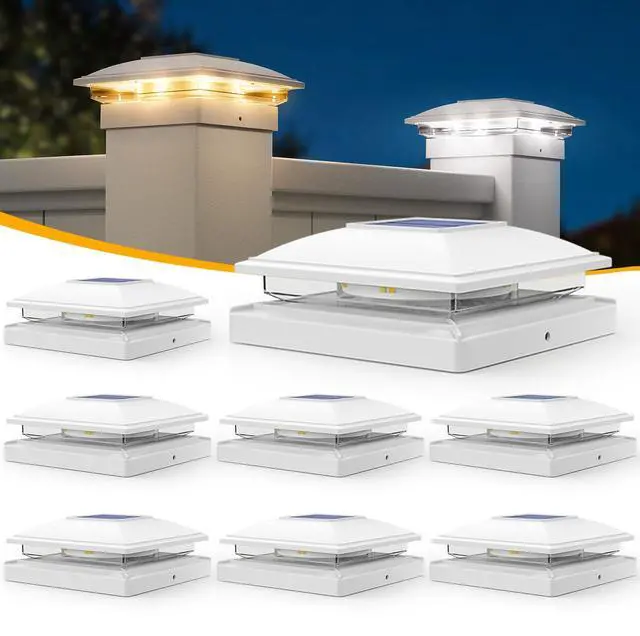 Main image of Solar Post Cap Lights - 8 Pack Outdoor Waterproof for 4x4, 5x5, 6x6 Posts, 2 Modes Warm/Cool Light, Solar Powered Fence/Deck/Patio Decor, White