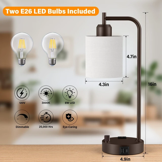 Alt view image 3 of 7 - Industrial Table Lamps with Linen Shade, Set of 2 Fully Dimmable Bedside Lamps with USB A+C Ports and Outlet, Brown Nightstand Desk Lamps for Bedrooms Living Room Office, 2 LED Bulbs Included