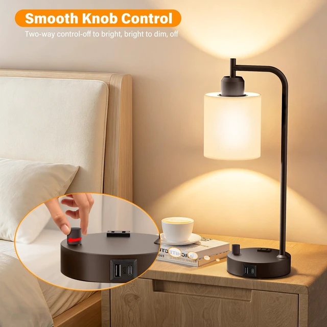 Alt view image 4 of 7 - Industrial Table Lamps with Linen Shade, Set of 2 Fully Dimmable Bedside Lamps with USB A+C Ports and Outlet, Brown Nightstand Desk Lamps for Bedrooms Living Room Office, 2 LED Bulbs Included