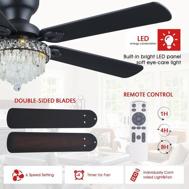 Alt view image 2 of 7 - Crystal Ceiling Fan Fandelier with Lights-Modern Ceiling Fan(52" Black) Crystal Ceiling Fans with Remote Control,Modern Ceiling Fan with Noiseless DC Reversible Motor,Dining Room,Living Room