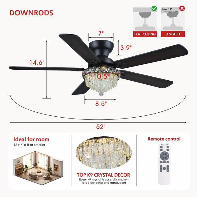 Alt view image 4 of 7 - Crystal Ceiling Fan Fandelier with Lights-Modern Ceiling Fan(52" Black) Crystal Ceiling Fans with Remote Control,Modern Ceiling Fan with Noiseless DC Reversible Motor,Dining Room,Living Room