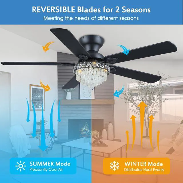 Alt view image 5 of 7 - Crystal Ceiling Fan Fandelier with Lights-Modern Ceiling Fan(52" Black) Crystal Ceiling Fans with Remote Control,Modern Ceiling Fan with Noiseless DC Reversible Motor,Dining Room,Living Room
