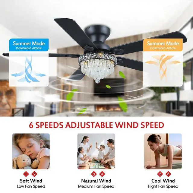 Alt view image 6 of 7 - Crystal Ceiling Fan Fandelier with Lights-Modern Ceiling Fan(52" Black) Crystal Ceiling Fans with Remote Control,Modern Ceiling Fan with Noiseless DC Reversible Motor,Dining Room,Living Room