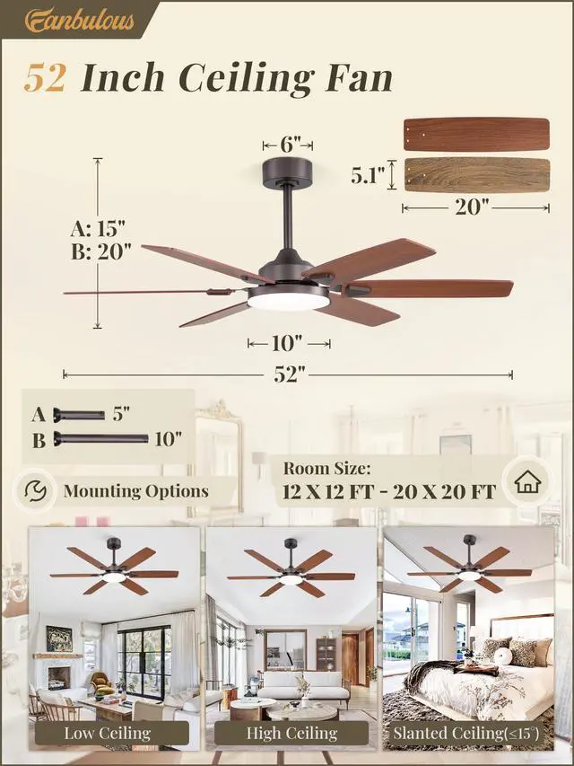 Alt view image 6 of 7 - 52 Inch Ceiling Fans with Lights,Remote Control&2 Rods 6 Blades,3CCT LED,Reversible Blades,Quiet DC Motor,Timer,6 Speeds,Memory Function,Dual-Color Blades,Living Room,Bedroom