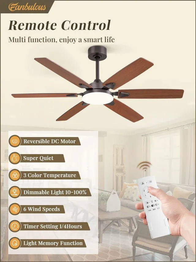 Alt view image 7 of 7 - 52 Inch Ceiling Fans with Lights,Remote Control&2 Rods 6 Blades,3CCT LED,Reversible Blades,Quiet DC Motor,Timer,6 Speeds,Memory Function,Dual-Color Blades,Living Room,Bedroom
