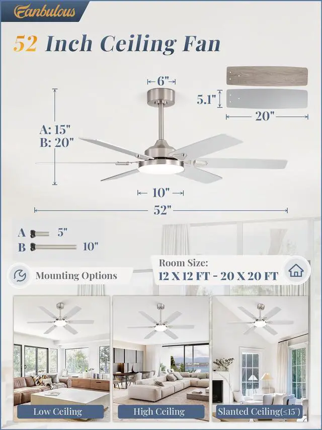 Alt view image 2 of 7 - 52 Inch Ceiling Fans with Lights,Remote Control&2 Rods 6 Blades,3CCT LED,Reversible Blades,Quiet DC Motor,Timer,6 Speeds,Memory Function,Dual-Color Blades,Living Room,Bedroom